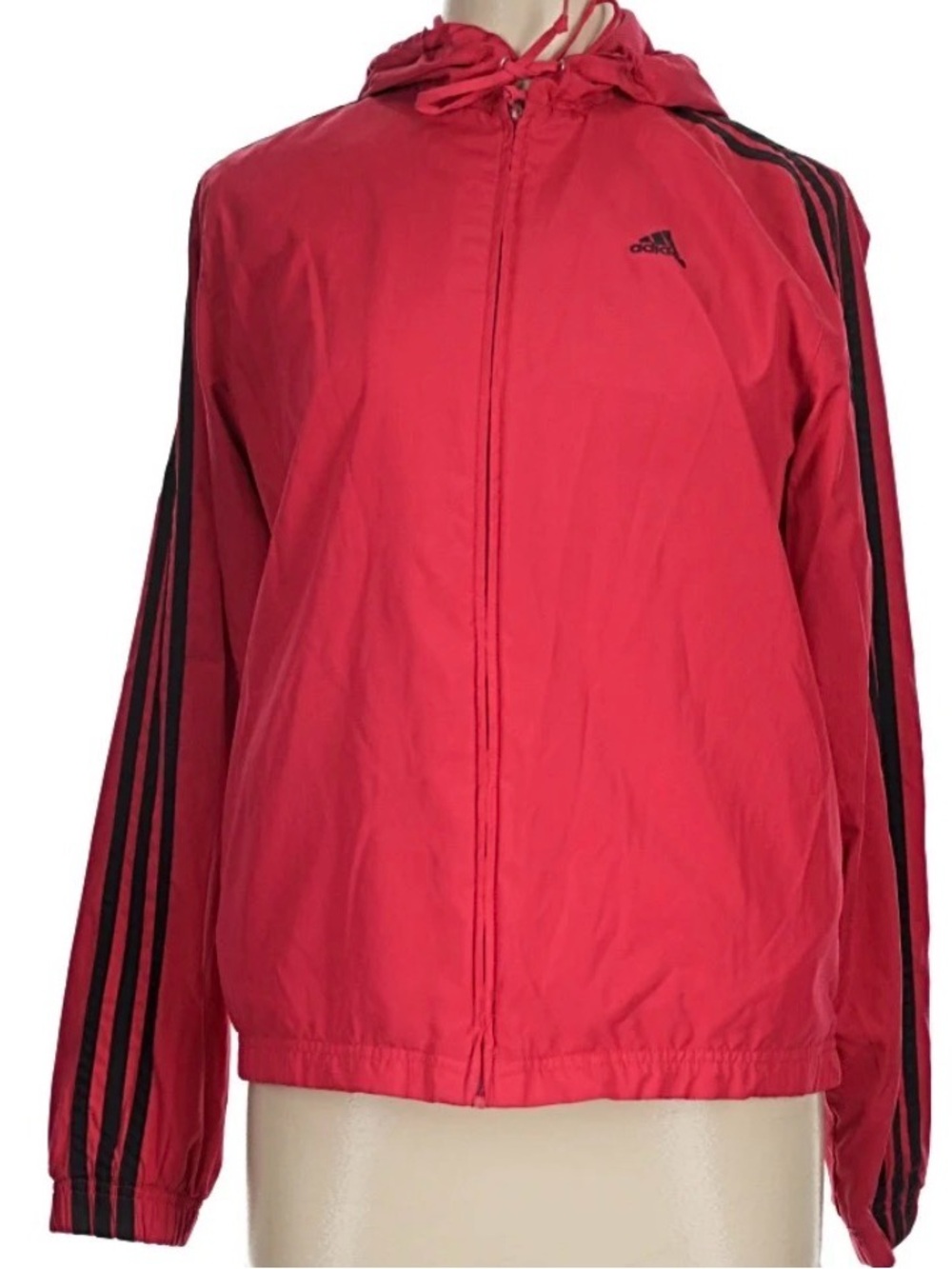 adidas Red Hooded Bomber Jacket with Black Stripe Sleeves
